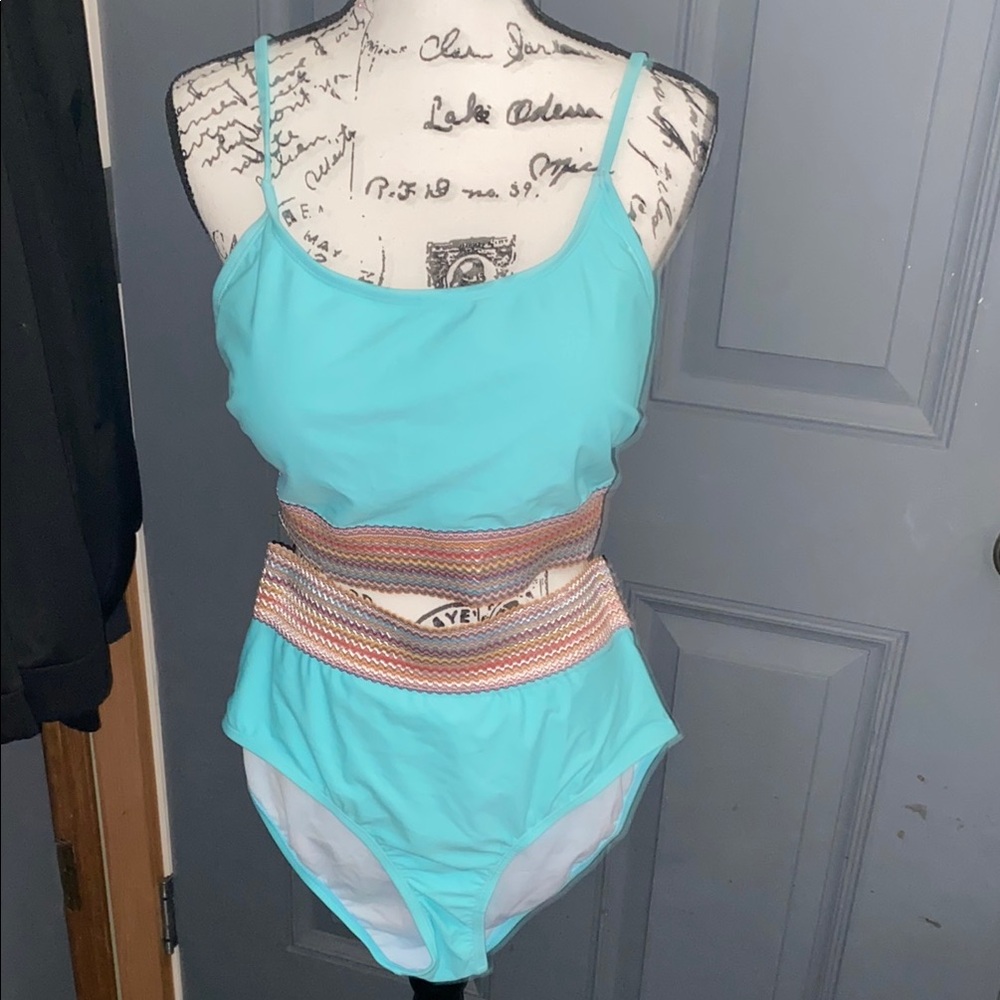 Vibrant Aqua Swimsuit with Colorful Stripes